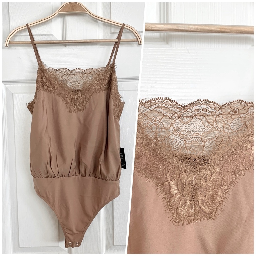 🤎 Express Beige Lace Inset Trim Silky Cami Bodysuit Top